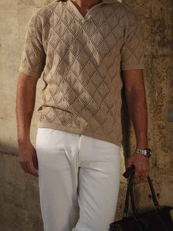 DONATO - Vendita all'ingrosso Polo - Uomo - CAMICIA POLO A COLLO APERTO CON DESIGN GEOMETRICO COLOR TORTORA12