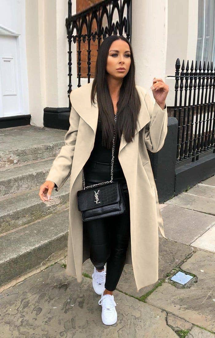 Femme Luxe - Wholesale Coat - Women's - Beige Waterfall Duster Belted Long Coat - Pola1