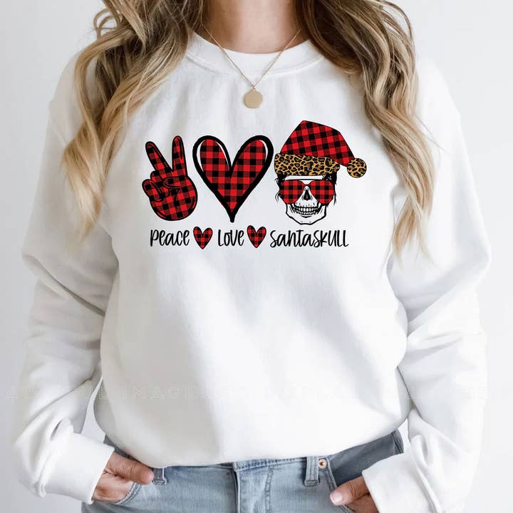 Sweat-shirt de Noël Peace Love Santaskull, cadeau Santa Skull pour la vente par ShopLukeGifts