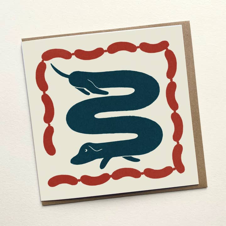 Square ‘Sausage Dog’ Blank Greetings Card for wholesale by Becky Mann Illustration