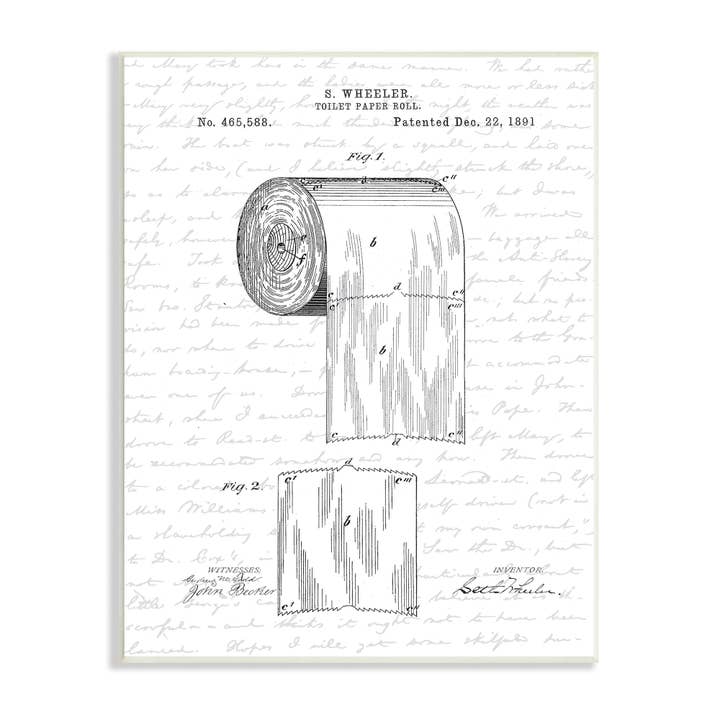Stupell Industries - Wholesale Bathroom Sign - Toilet Paper Roll Patent Black And White Bathroom Wall Art