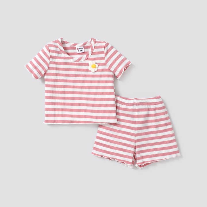 PatPat - Wholesale Top & Short Set - Baby - Baby Girl 3D Flower Design Tee and Shorts Set