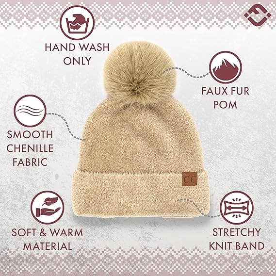 Funky Junque - Wholesale Beanie - Women's - Women's Chenille Winter Pom Beanie - Beige4