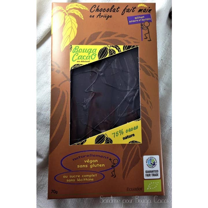 75% natural chocolate bar, 70g for wholesale by Bouga CacaO