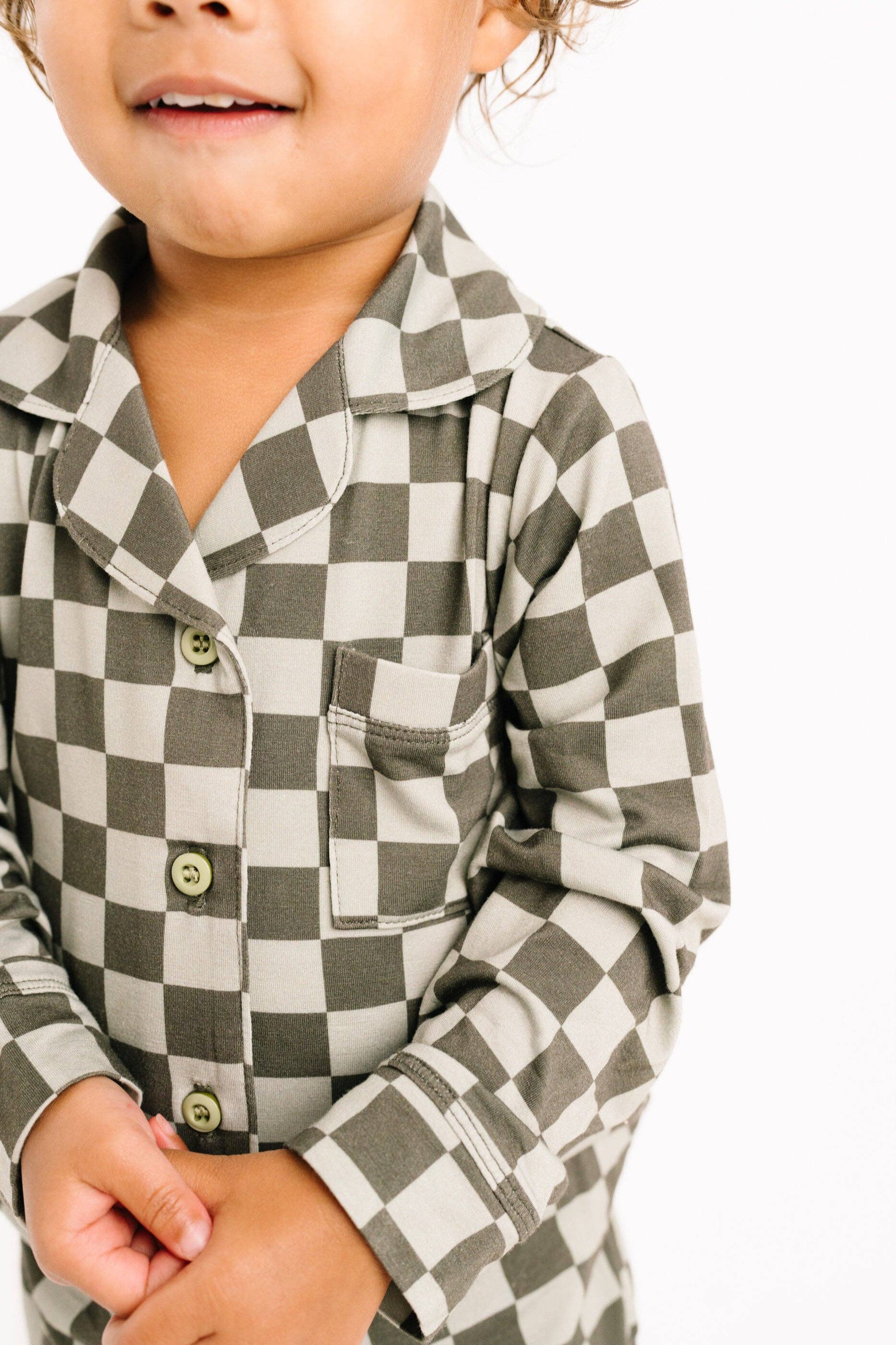 Little One Shop - Wholesale Top & Pant Set - Kids - Pine Checkered Kid Long Sleeve Bamboo Button Up Set8