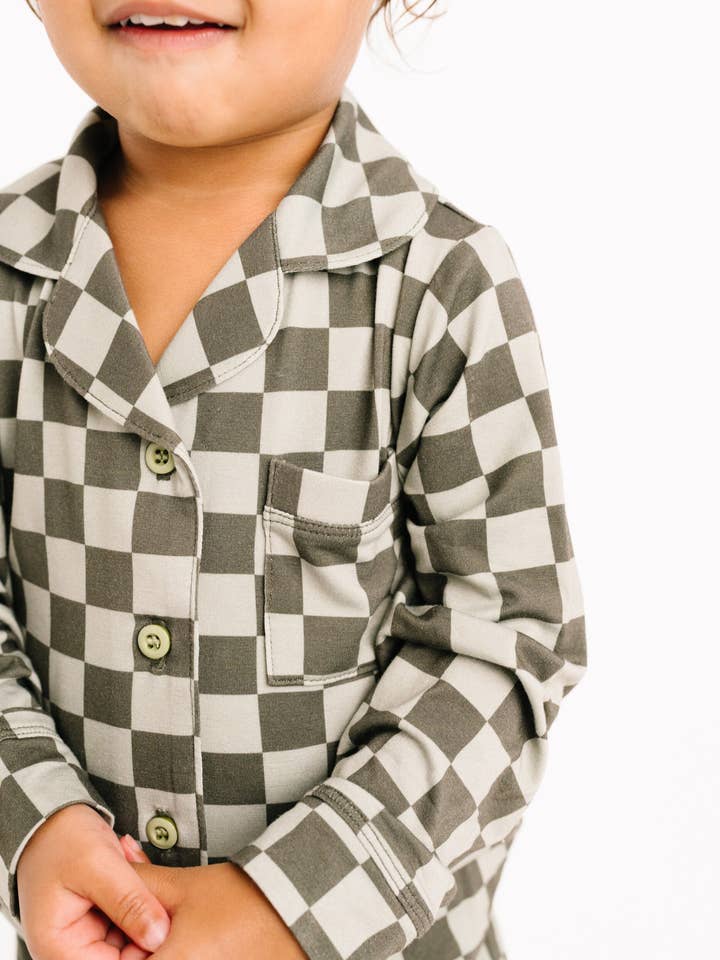 Little One Shop - Wholesale Top & Pant Set - Kids - Pine Checkered Kid Long Sleeve Bamboo Button Up Set8