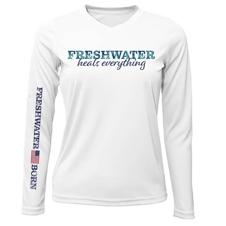 Michigan "Freshwater Heals Everything" Women's Long Sleeve UPF 50+ Dry-Fit Shirt for wholesale by Saltwater Born