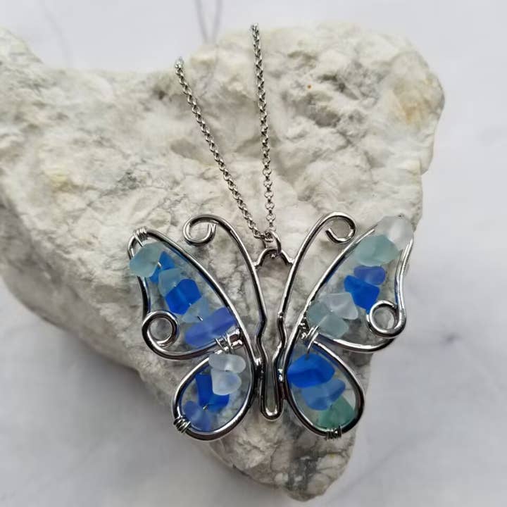 The Pretty Jewellery - Wholesale Pendant/Charm Necklace - Sea Glass Butterfly Necklace