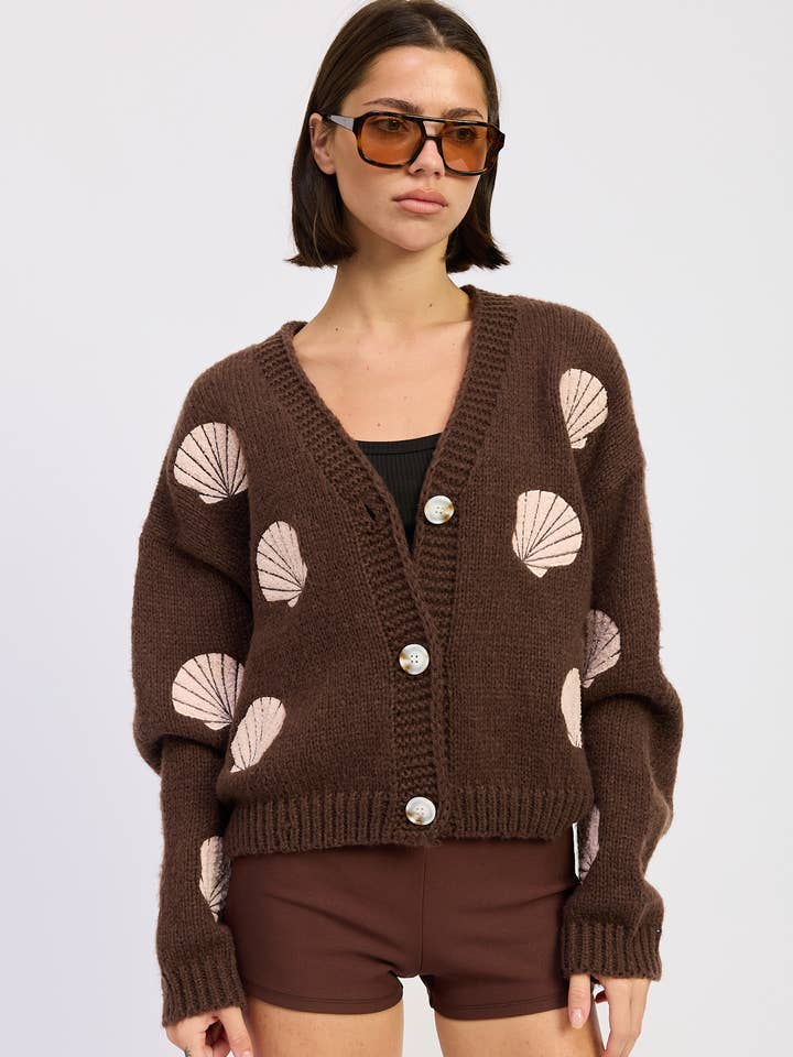 V NECK BUTTON FRONT APPLIQUE CARDIGAN for wholesale by Emory Park