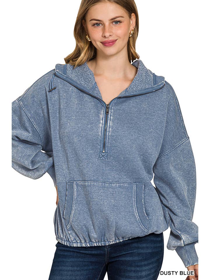 42POPS - Wholesale Hoodie – Women's - 1028 Washed Drawstring Hem Half Zip Kangaroo Hoodie SI-2613512