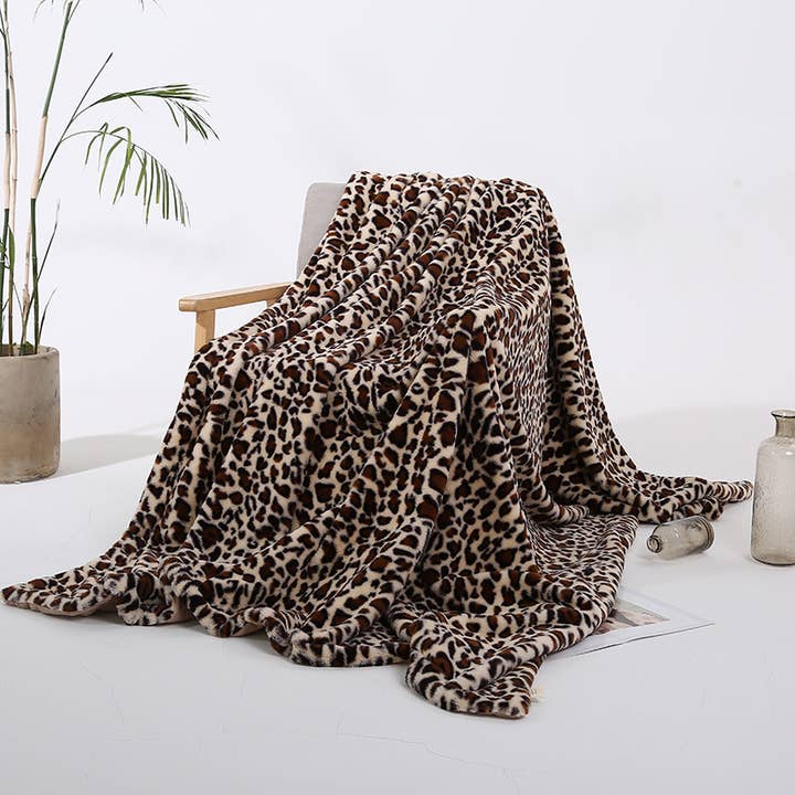 HIDDENBRAND - Wholesale Throw Blanket - Leopard fluffy faux fur Shaggy soft sofa throw blanket