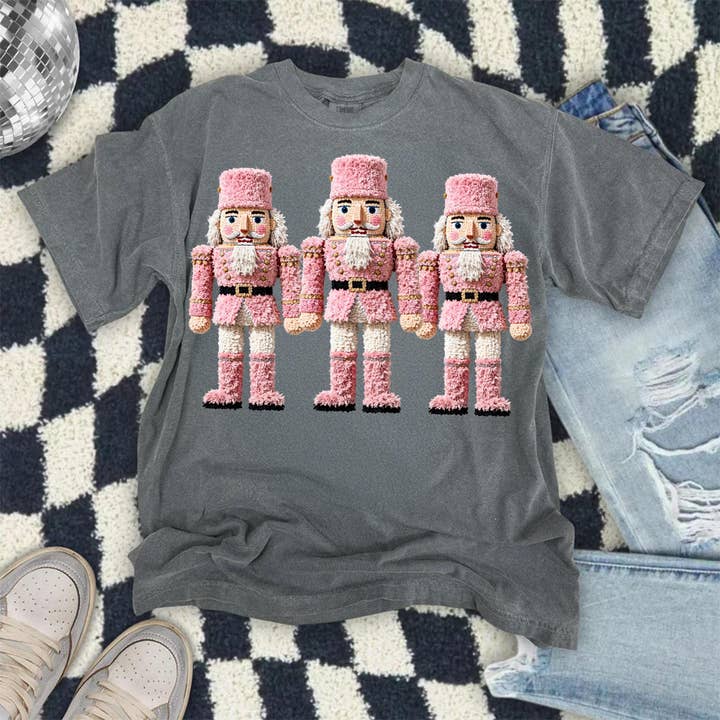 Glaime - Wholesale T-Shirt (Graphic) - Women's - Faux Yarn Crochet Pink Nutcrackers Shirt, Christmas Sweater2