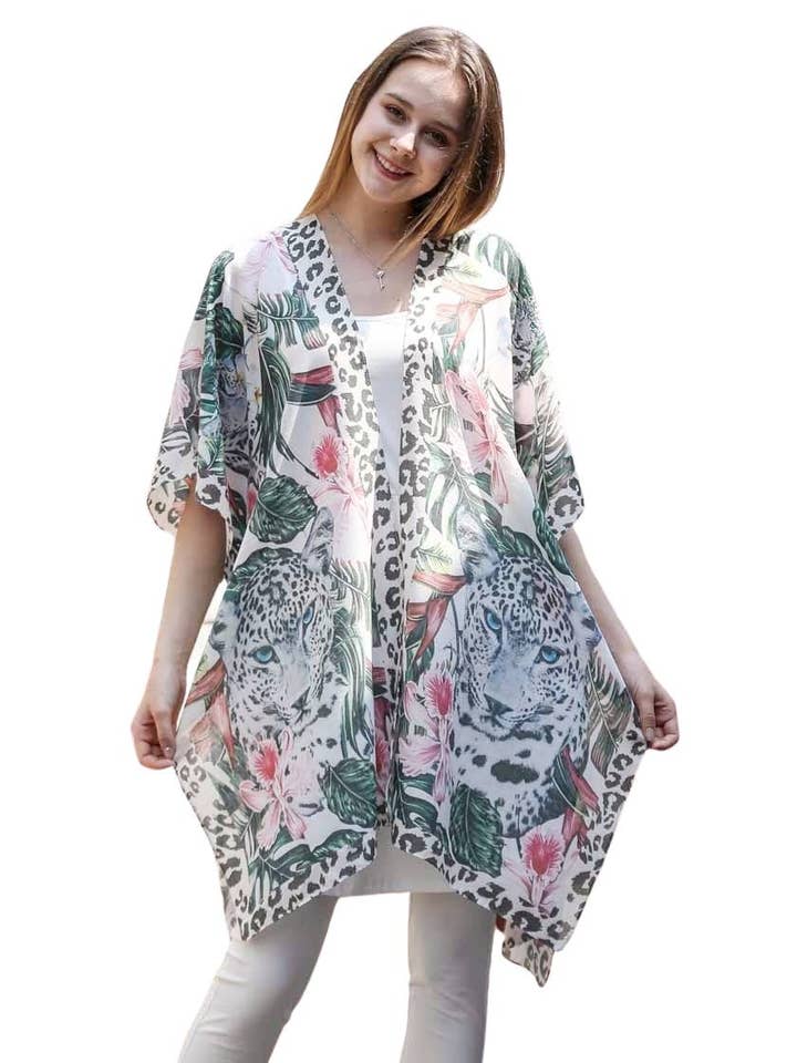 Kimono Léopard Tropical Blanc-Vert JC081176 pour la vente par JC Sunny Fashion