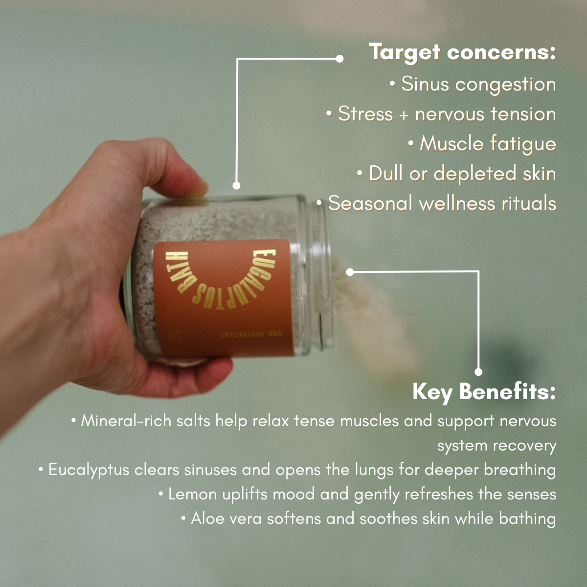 Urb Apothecary - Wholesale Badzout/melk - Eucalyptus Bad - Mineralen Herstel, Kleurtherapie Bad1