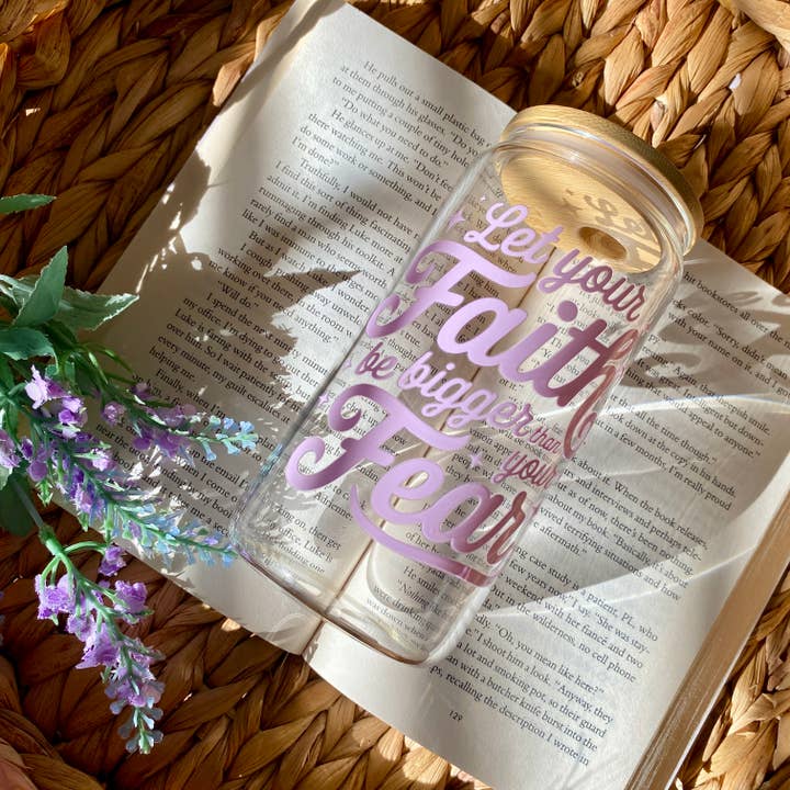 Faith Over Fear Mug Iced Coffee Glass Cup with Lid and Straw for wholesale by Emilee on Crafts