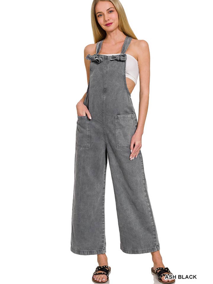42POPS - Wholesale Overalls - Women's - "..._ SI-26348 Washed Knot Strap Pockets Jumpsuit