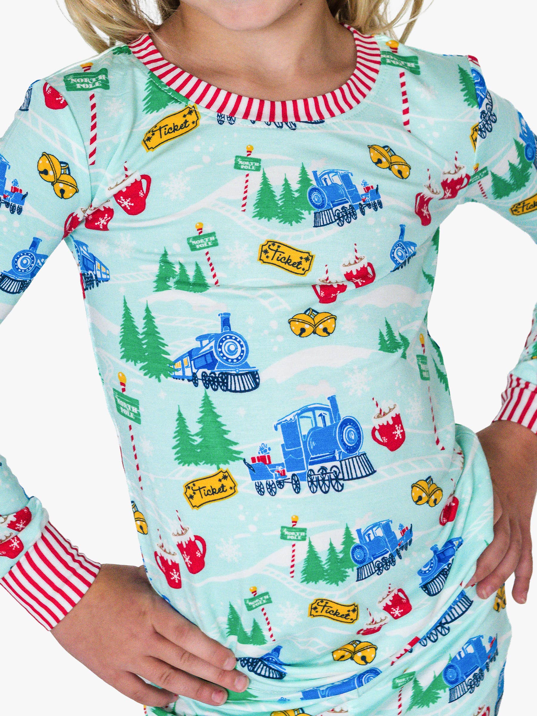 Blue SoftSnooze™ Kids Bamboo Viscose Snowy Train Tracks Long Sleeve Pajama Set for wholesale on Faire6