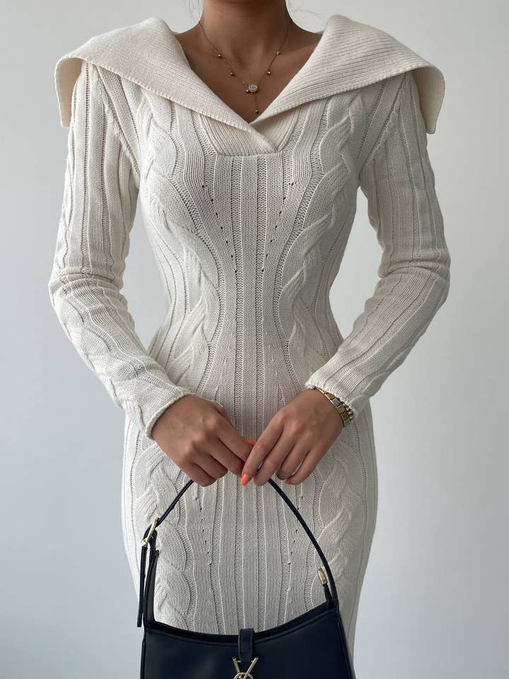 Design company-Fatma Balkir - Wholesale Dress - Women's - Wide Collar Cable Knit Long Slim Dress – Fitted Tricot dress14