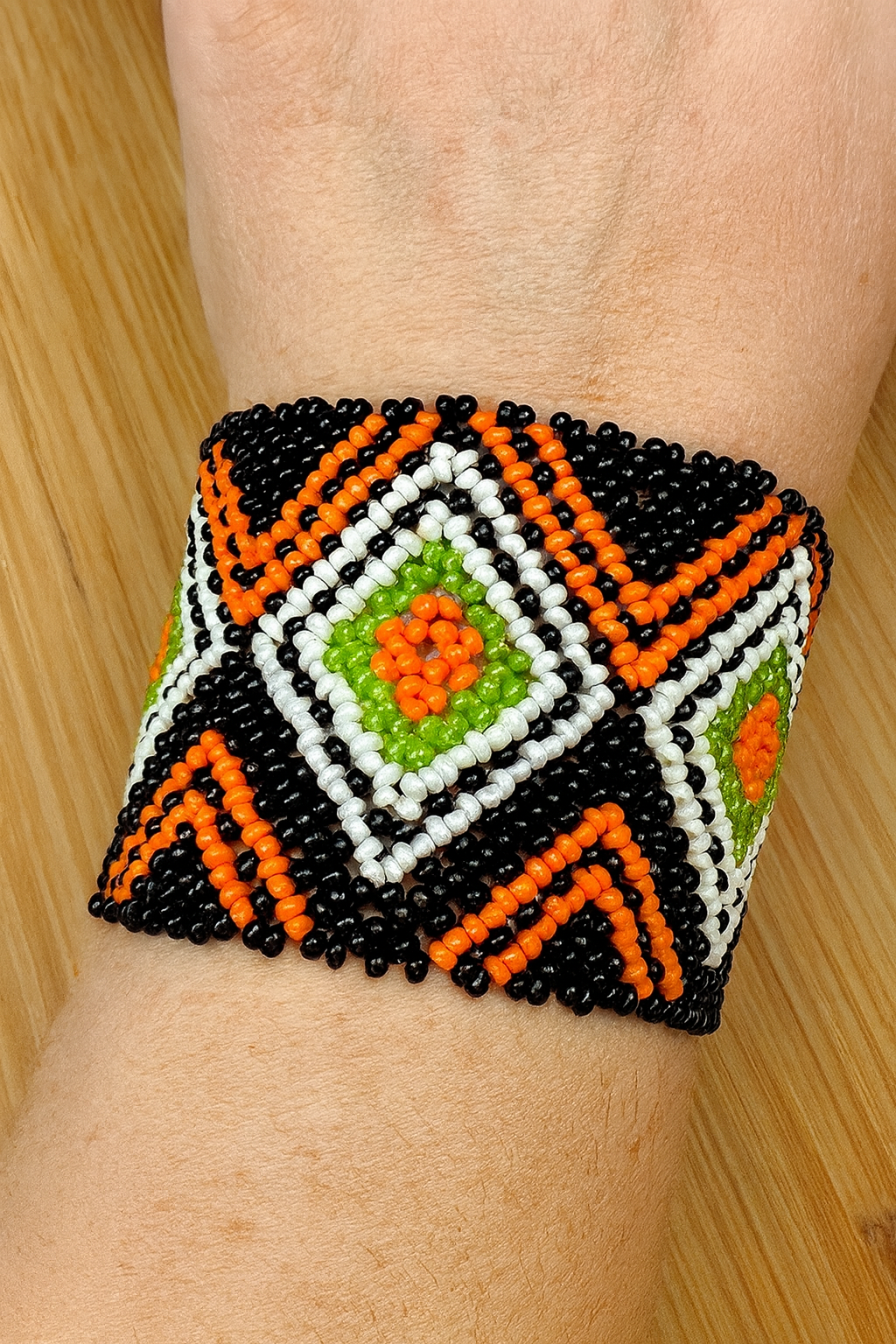BEADS CORNER - Wholesale Cuff Bracelet - Handmade Geometric Beaded Cuff Bracelet – Black, Orange & Lime Green1