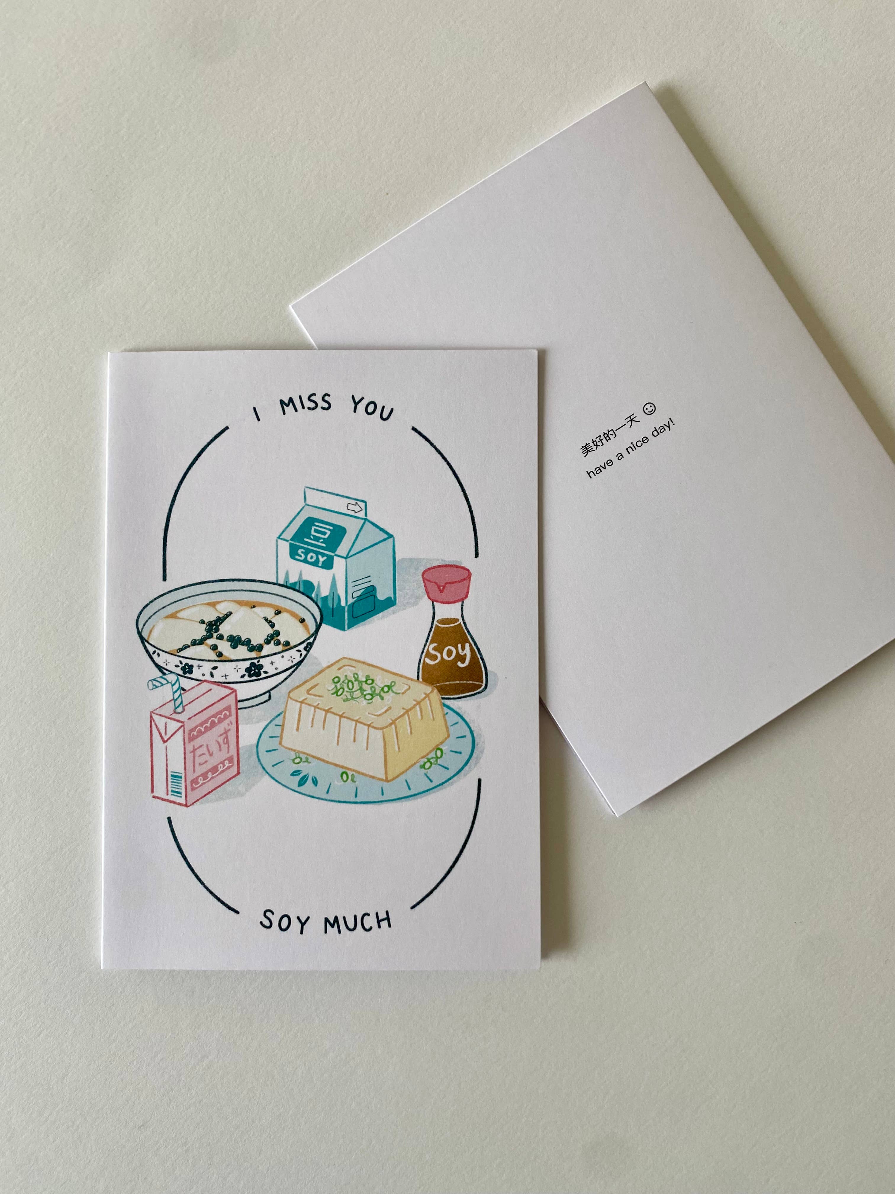 mou mou market – wholesale Everyday greeting card – Asian Food Greeting Card | Tofu | Miss You Soy Much2