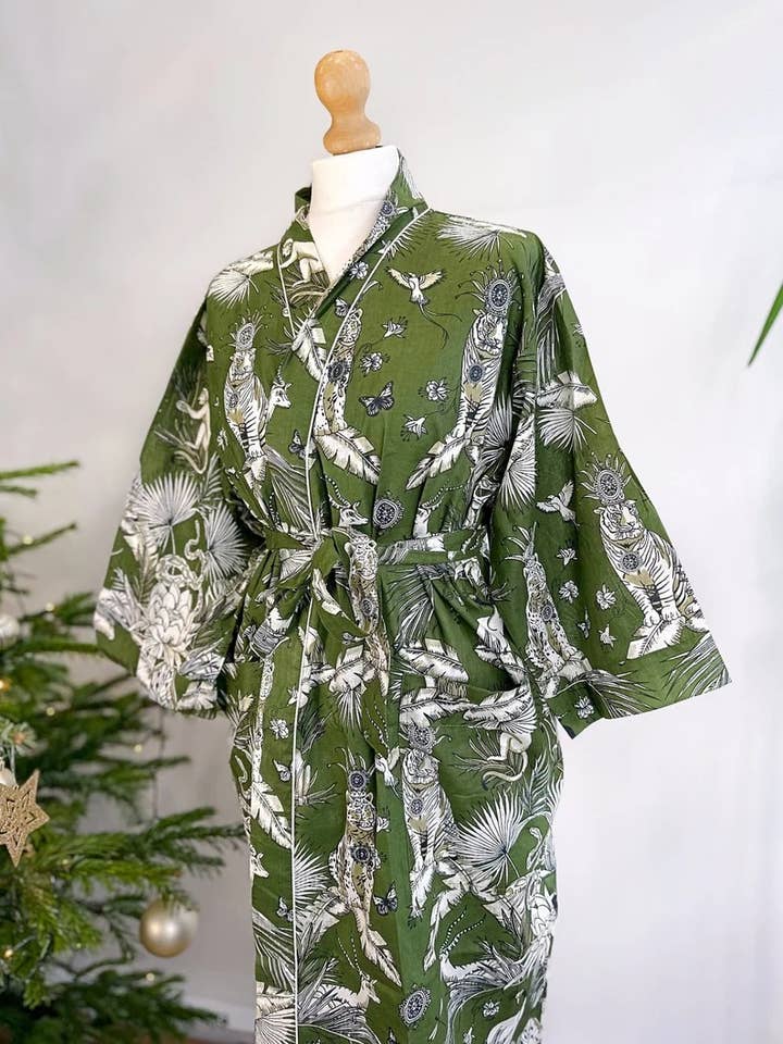 Pure Cotton Handprinted House Robe Summer Kimono Floral Beach Coverup Nature Goddess Forest Dark Olive Green Animal Totem Tiger Monkey Deer for wholesale by Essential Designs London
