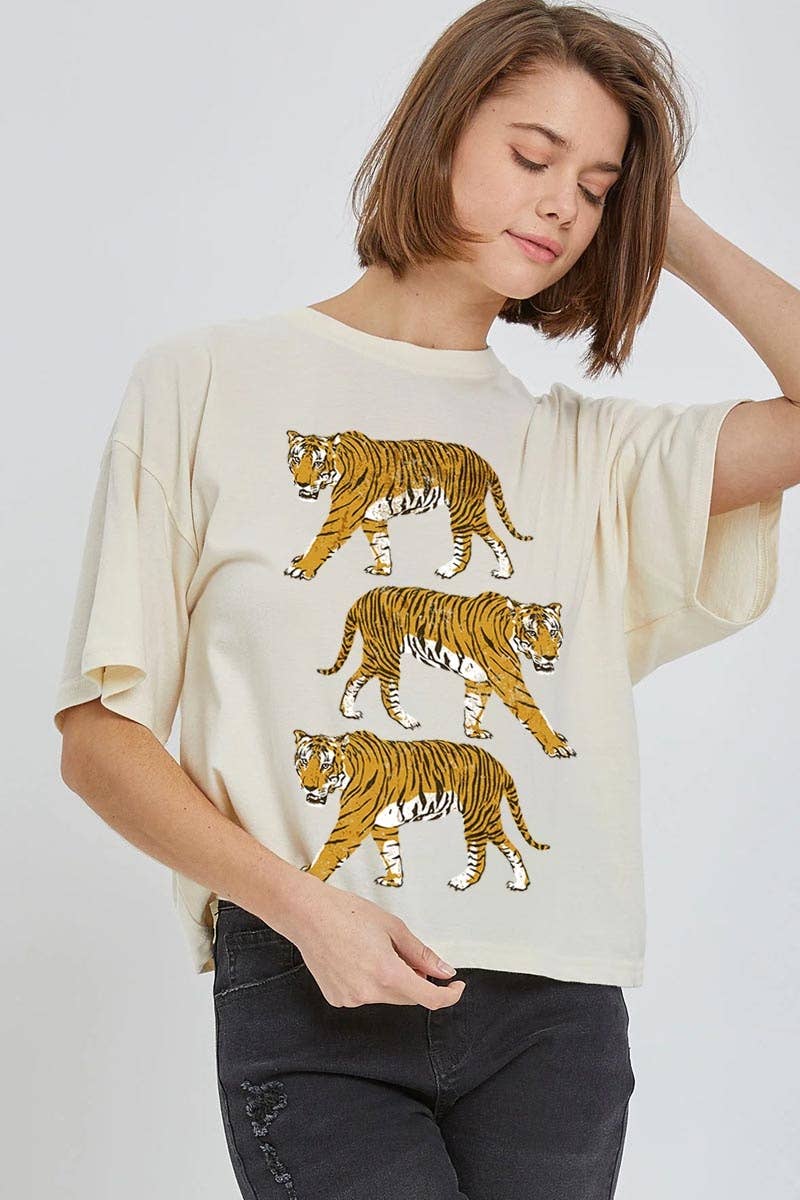 COLORBEAR - Venta al por mayor Camiseta estampada - Mujer - Top corto relajado gráfico de tigres retro1