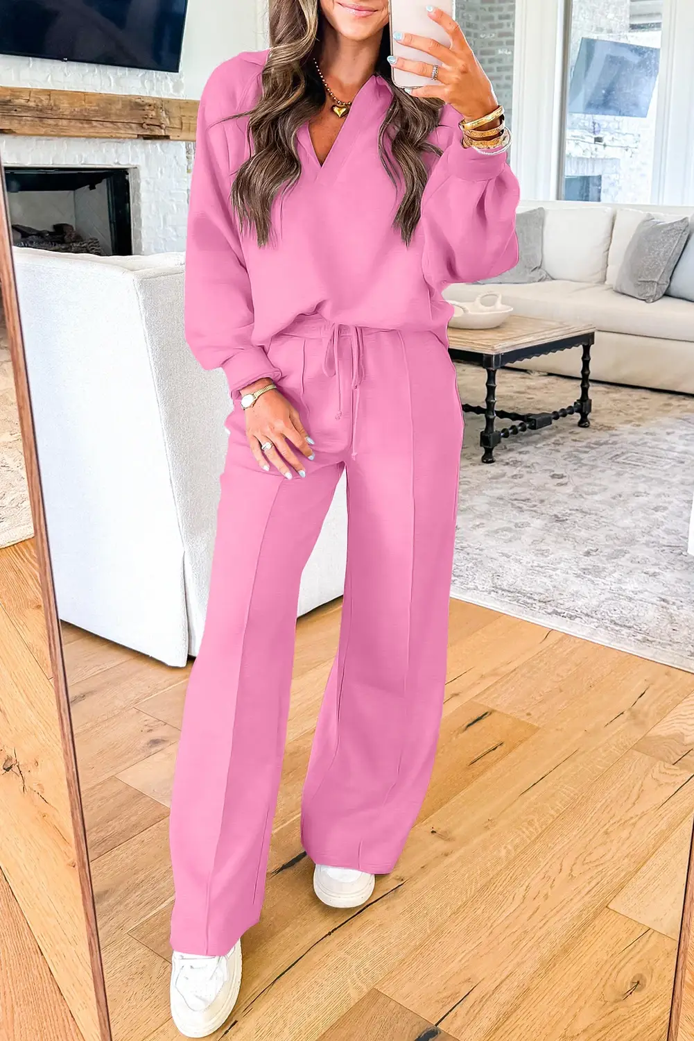 FULL TIME PURCHASE - Vente Ensemble de vêtements d'intérieur – femme - Ensemble de pull à col polo en V et pantalon de survêtement à cordon de serrage0