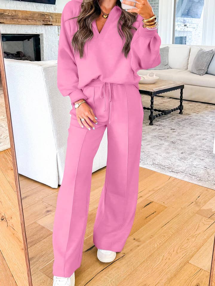 FULL TIME PURCHASE - Wholesale Lounge Set - Women's - Polo Collar V Neck Pullover and Drawstring Sweatpants Set