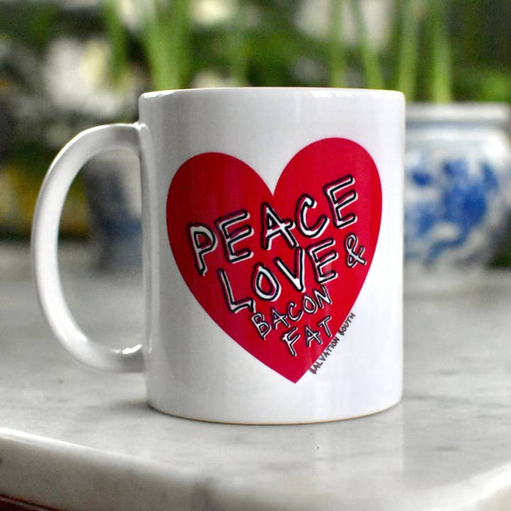 The Peace, Love and Bacon Fat Coffee Mug for wholesale by Salvation South