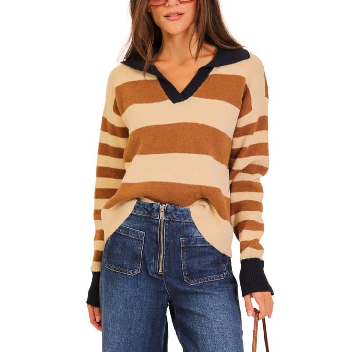 Striped Knit Collared Polo Sweater and other Purchase Wholesale mock cream. Free Returns & Net 60 Terms on Faire trending on Faire.