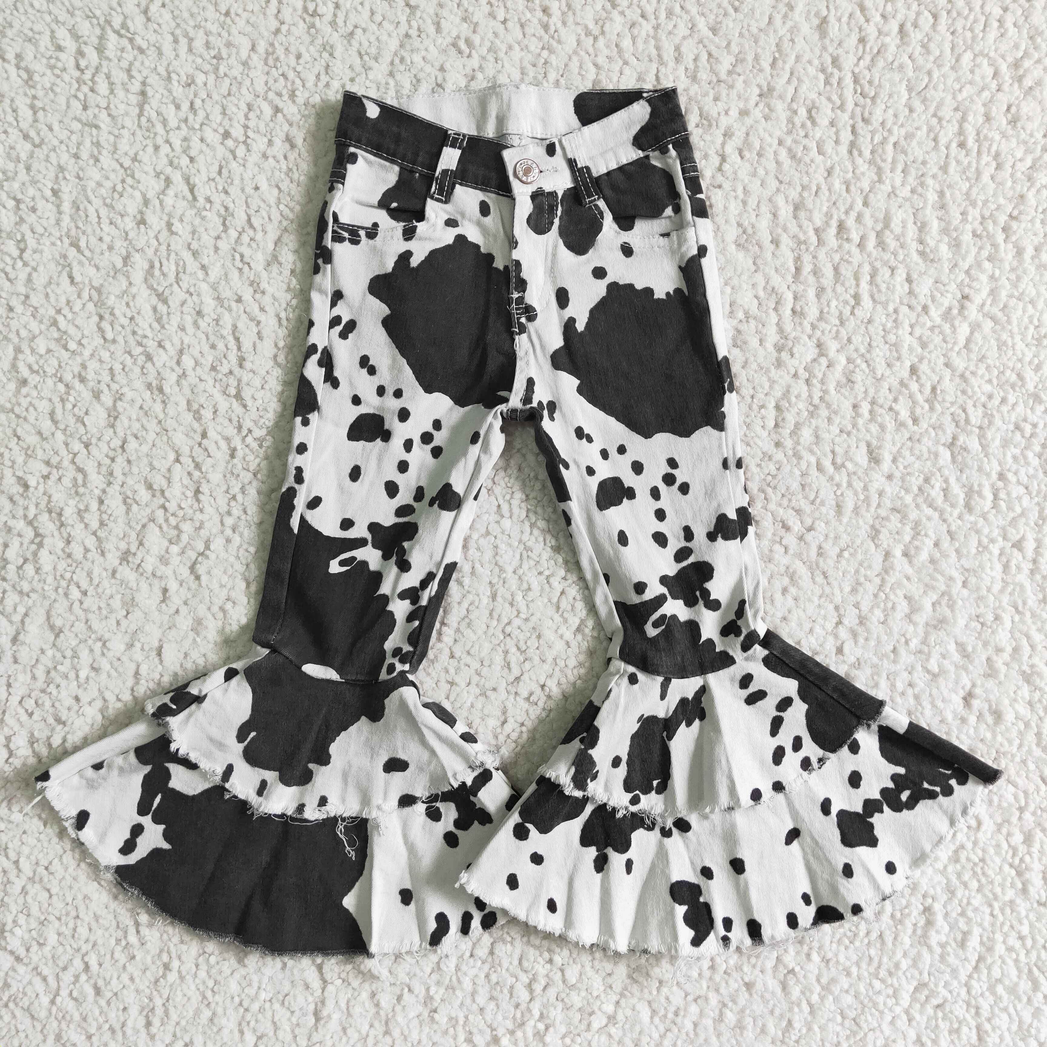 Yawoo Garments - Wholesale Jeans - Kids - Black white cow denim pants girls ruffle jeans0