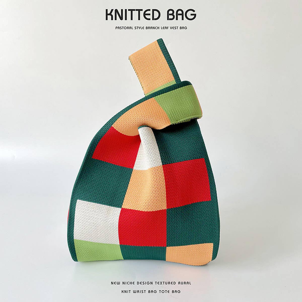 ACCITY - Wholesale Tote Bag - Women's - PINK AND GREEN CHECKERBOARD KNIT TOTE BAG_CWAB23949