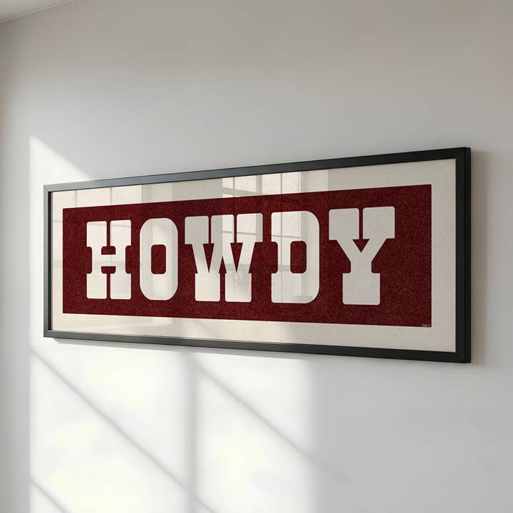 Framed HOWDY Sign Maroon & White Art Print (FRAMED) for wholesale by Tejas Country Club