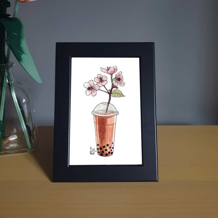 Impresión enmarcada de flores de Sakura en té de burbujas de 4x6 para venta al por mayor de Lee McGuire Art