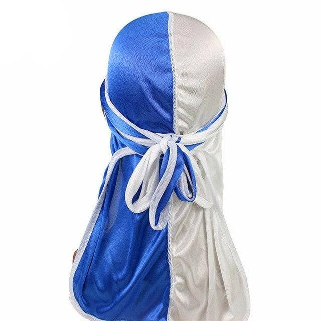 Silky Durag in Blau und Weiß, zweifarbig für den Großhandel von Taelor Boutique