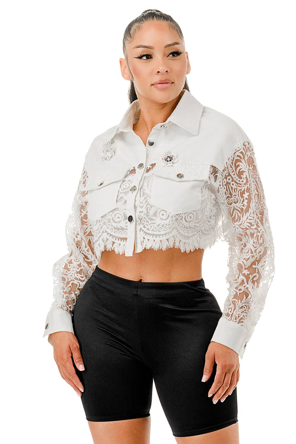 SALT - Wholesale Denim Jacket - Women's - (SJ5073)Pearl Brooch & Lace Sleeve Cropped Denim Jacket9