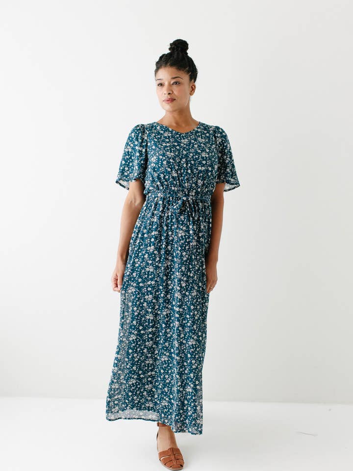 Deep Teal 'Esther' Floral Print Maxi Dress FINAL SALE for wholesale on Faire7
