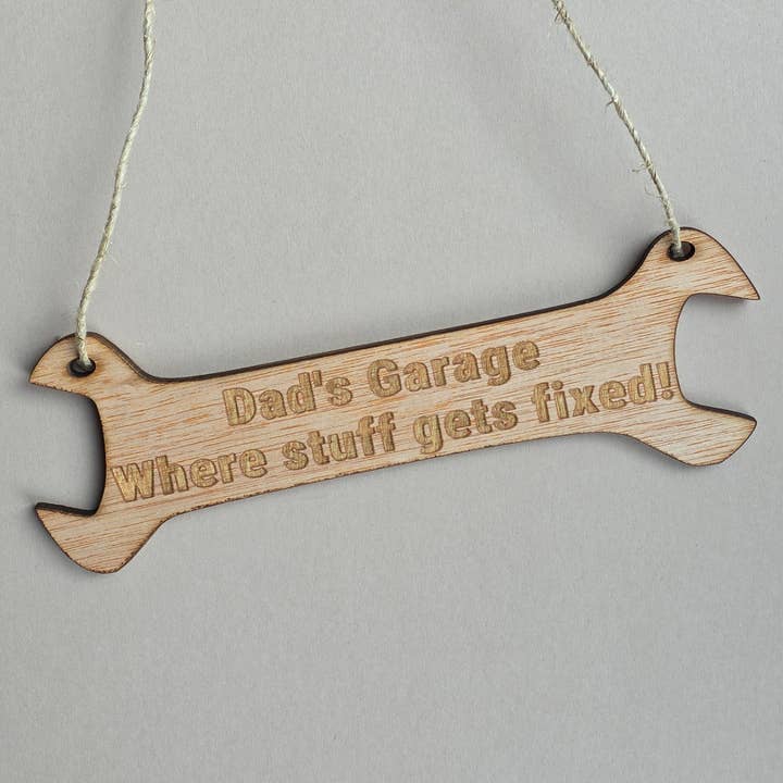 'Dad's Garage' Wooden Spanner Hanging Sign for wholesale by Nest