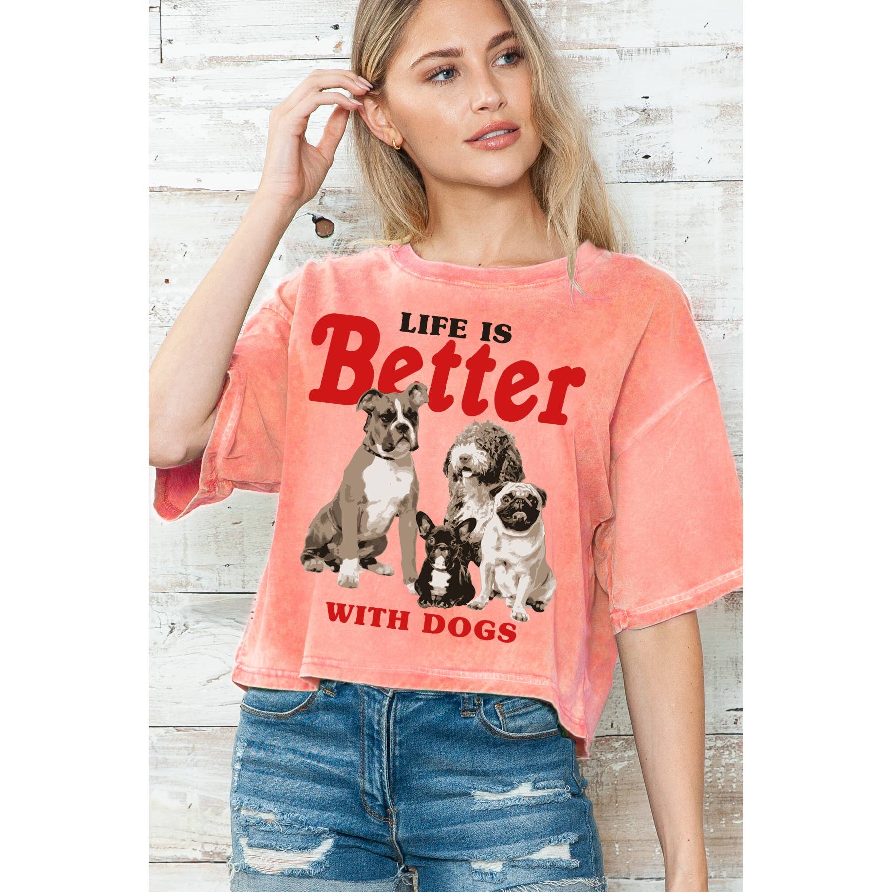 Amused by Blue - Wholesale T-Shirt (Graphic) - Women's - Life is Better with Dogs Mineral Wash Crop Top3