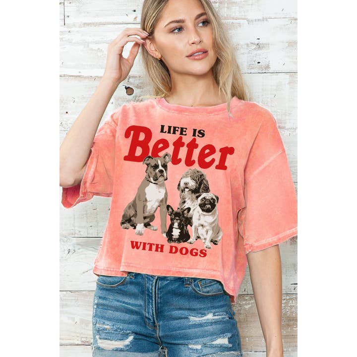 Amused by Blue - Wholesale T-Shirt (Graphic) - Women's - Life is Better with Dogs Mineral Wash Crop Top3