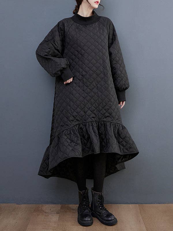 BLACK Casual Long Sleeves A-Line Rhombic Falbala High-Neck Midi Dresses for wholesale on Faire2