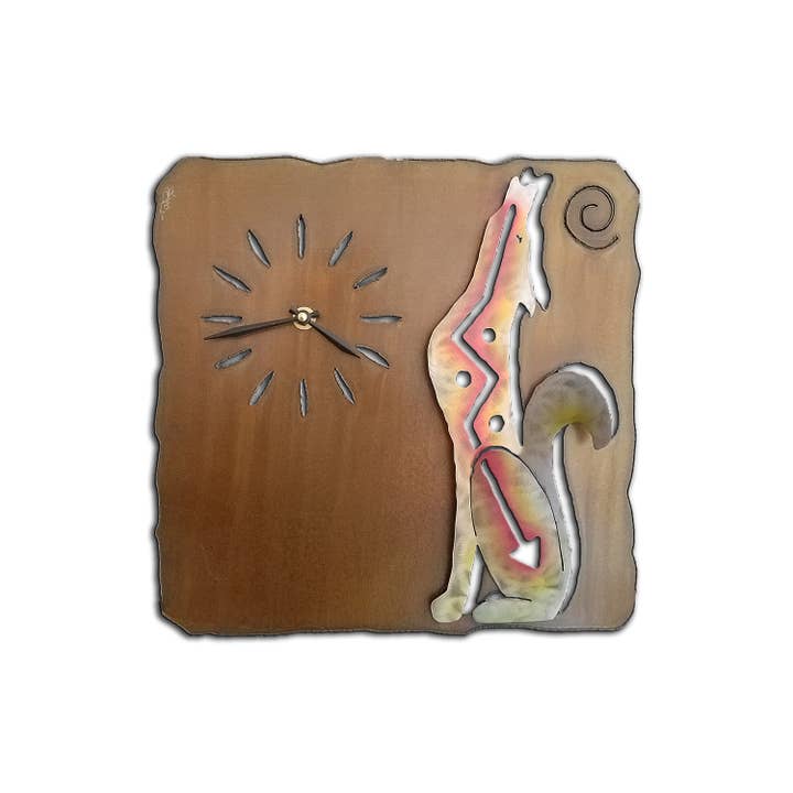 Coyote/Wolf Southwest Cut Out Clock, Sunset Swirl Finish for wholesale by Crooks Designs