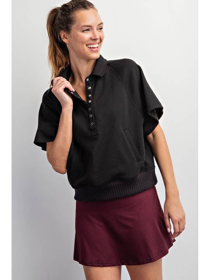FRENCH TERRY SHORT SLEEVE COLLARED TOP for wholesale by Rae Mode