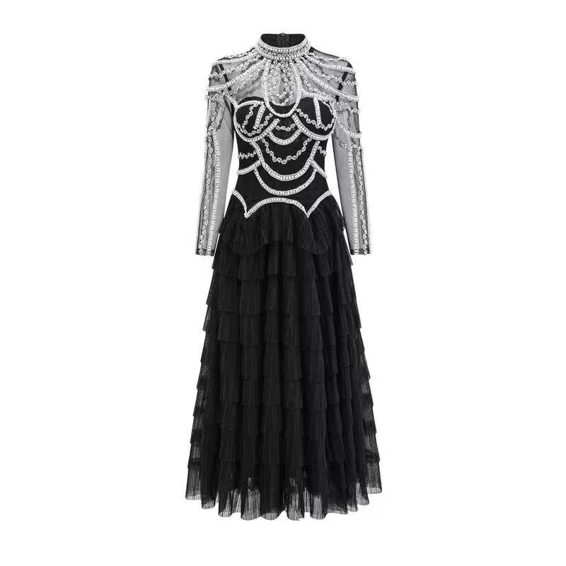 Black SY451 Luxury Handmade Beaded Dress with Fluffy Tulle Skirt for wholesale on Faire0