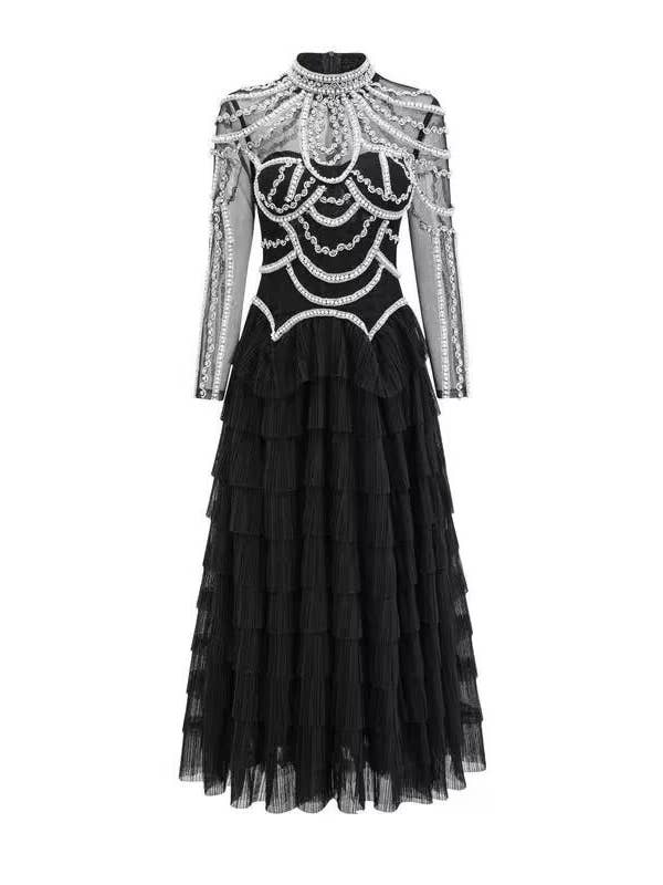 Black SY451 Luxury Handmade Beaded Dress with Fluffy Tulle Skirt for wholesale on Faire