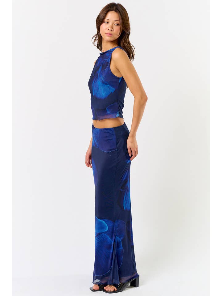 Blue BS113 FLORAL PRINTED MESH TOP W/ MIDI SKIRT SET for wholesale on Faire