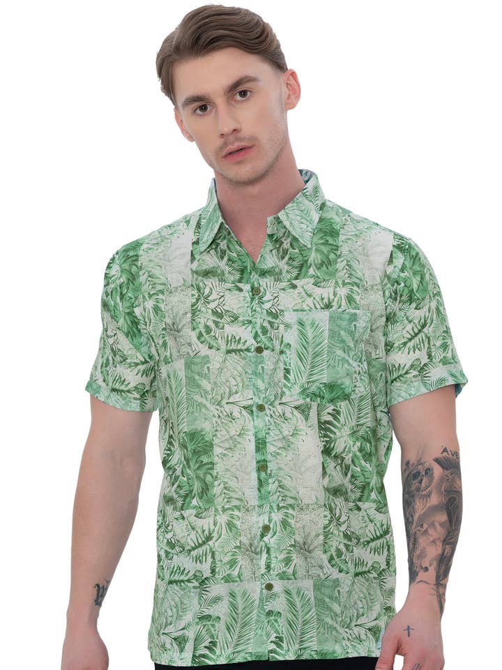 HAPPY BAY Linen Effect Mens Shirt Green Tropical Leaf P00410 for wholesale by LA LEELA \ HAPPY BAY