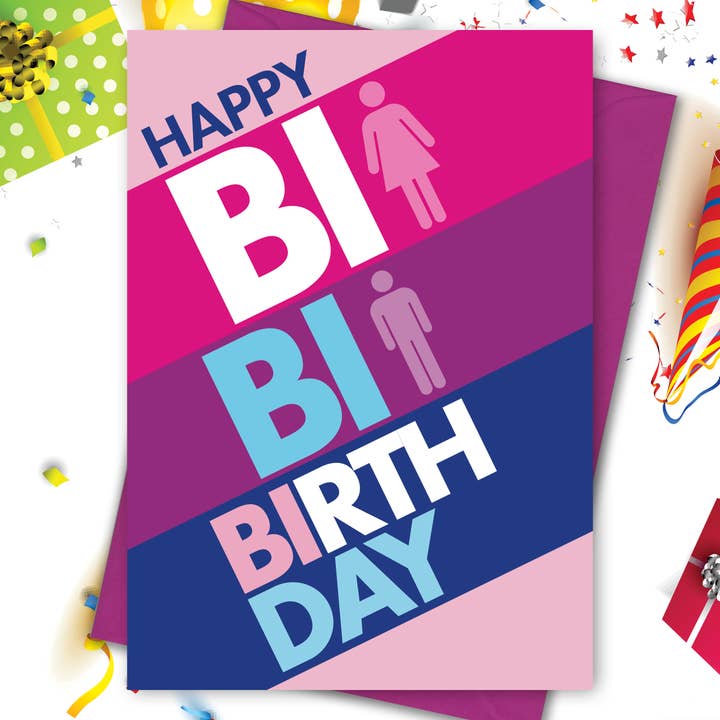 Bi Bi Bisexual Birthday Greeting Card (Gay, Queer, LGBTQ) for wholesale by Peachy Kings / Kweer Cards