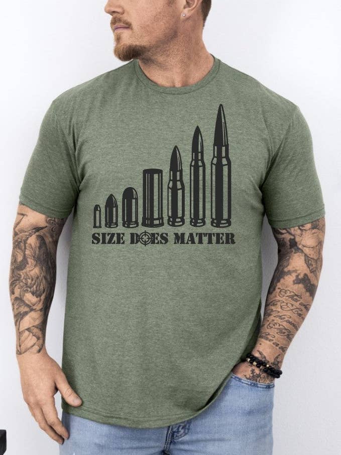 Size Does Matter | Military Green Unisex Tee | Gun Control | 2nd Amendment T-shirt for wholesale by Route 54 Apparel
