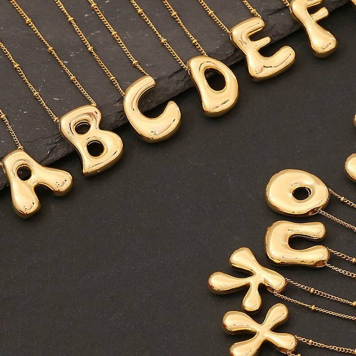 JOSSLYN by wall to wall - Wholesale Pendant/Charm Necklace - STAINLESS STEEL BALLOON BUBBLE INITIAL NECKLACE | 40NK316